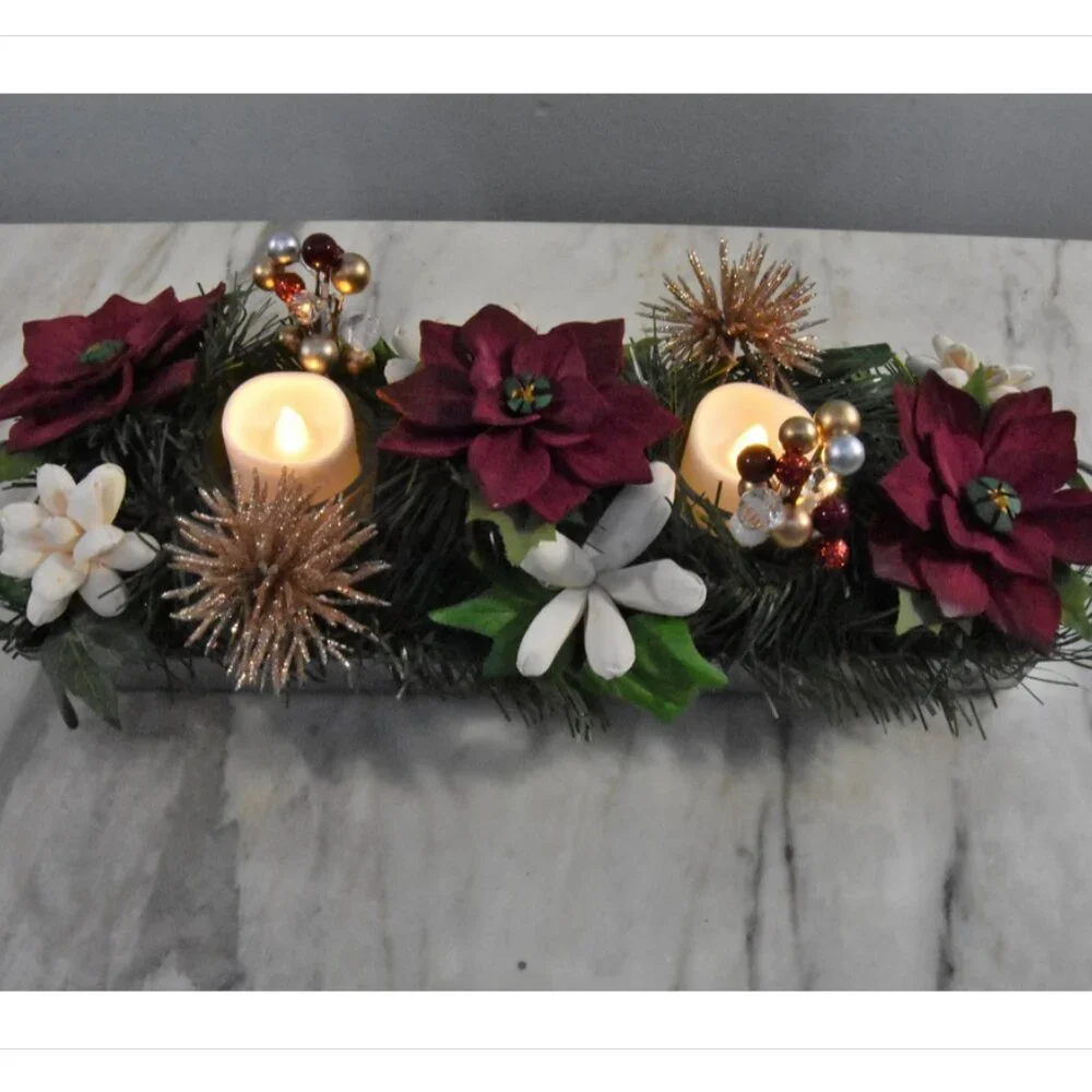 Festive Centerpiece! Galvanized metal tray w/burgundy Sola Poinsettia w/candles